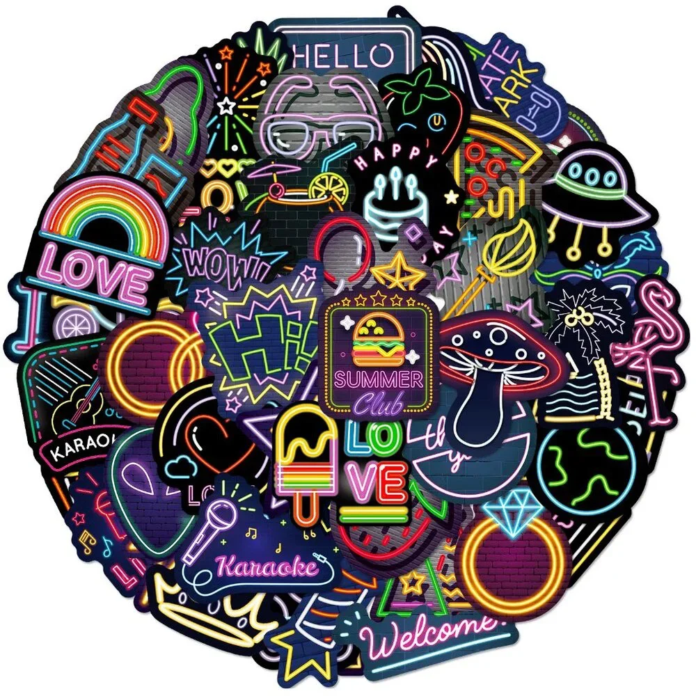 50PCS Cool Neon Light Graffiti Stickers – Waterproof & Reusable